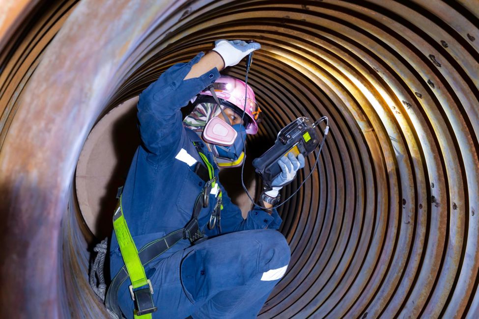 Man checking boiler wall thickness